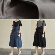 Elegant blue cotton Tunics o neck false two pieces Maxi summer Dresses - SooLinen