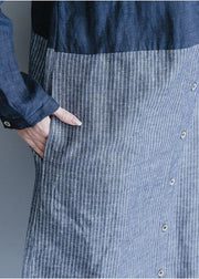 Elegant blue cotton linen Wardrobes lapel collar dress patchwork striped Dresses - SooLinen