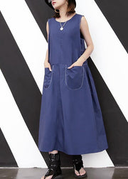 Elegant blue cotton o neck pockets loose Dress - SooLinen