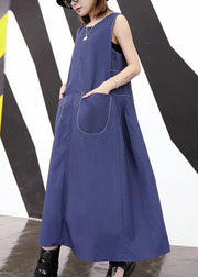 Elegant blue cotton o neck pockets loose Dress - SooLinen