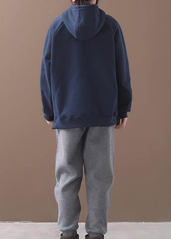 Elegant blue hooded cotton shirts zippered Plus Size Clothing winter tops - SooLinen