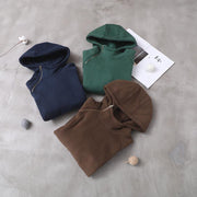Elegant blue hooded cotton shirts zippered Plus Size Clothing winter tops - SooLinen