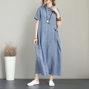 Elegant blue natural linen dress plus size side tie waist linen clothing dress Elegant lapel collar linen caftans