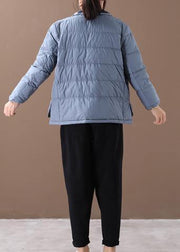 Elegant blue patchwork print warm winter coat plus size winter stand collar pockets overcoat - SooLinen