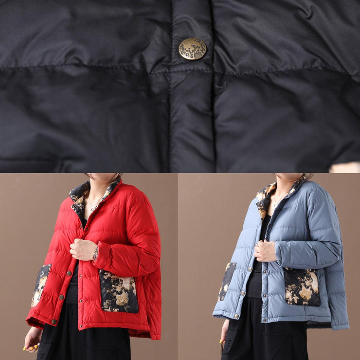 Elegant blue patchwork print warm winter coat plus size winter stand collar pockets overcoat - SooLinen