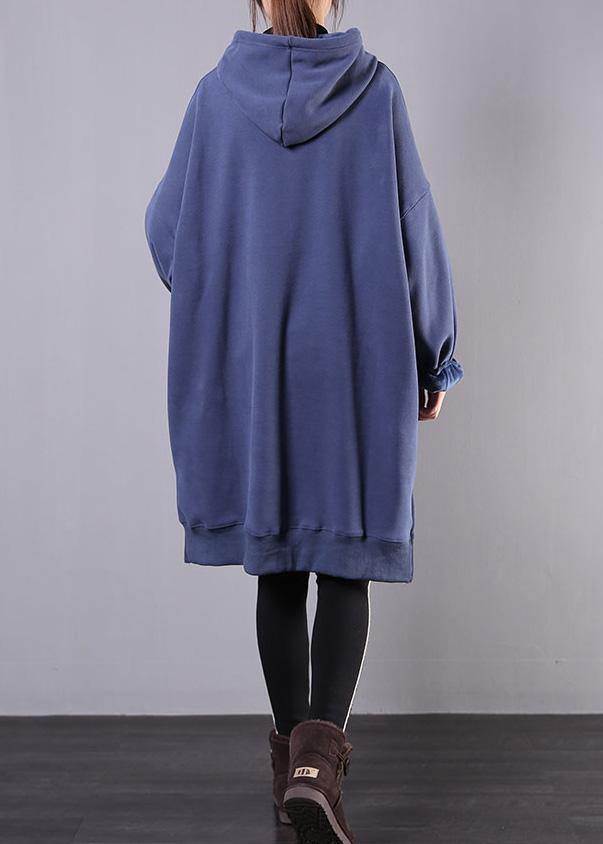 Elegant blue print cotton box top hooded drawstring fall blouse - SooLinen