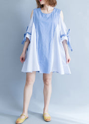 Elegante blau gestreifte Baumwollkleidung plus Größenstoffe schulterfreie Sommerkleider