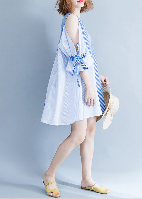 Elegant blue striped Cotton clothes plus size Fabrics off the shoulder summer Dresses