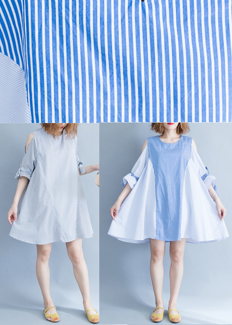 Elegante blau gestreifte Baumwollkleidung plus Größenstoffe schulterfreie Sommerkleider