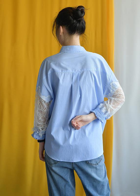 Elegant blue striped cotton Blouse lace patchwork silhouette fall shirt - SooLinen