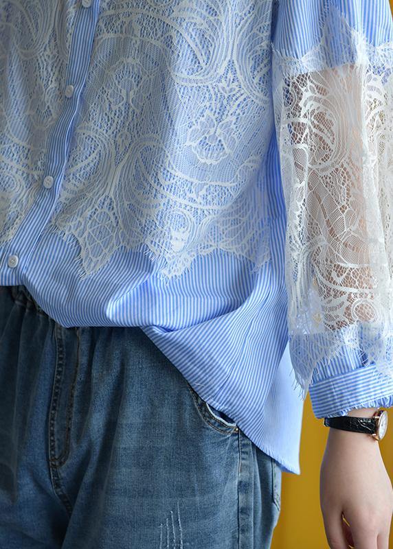 Elegant blue striped cotton Blouse lace patchwork silhouette fall shirt - SooLinen