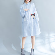 Elegant blue striped cotton knee dress Loose fitting traveling dress fine patchwork cats prints shirt dress