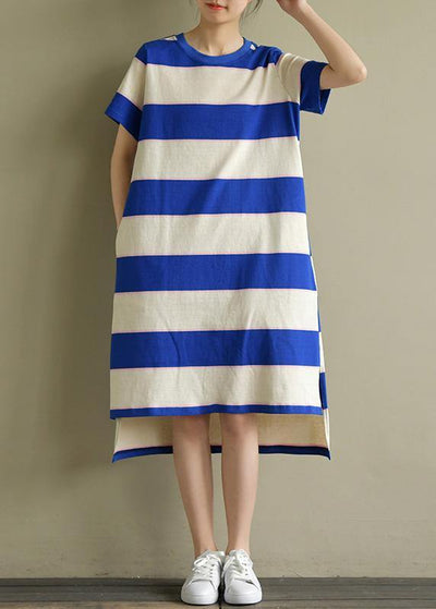 Elegant blue white striped Cotton dress o neck low high design baggy summer Dress - SooLinen