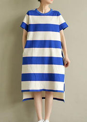 Elegant blue white striped Cotton dress o neck low high design baggy summer Dress - SooLinen