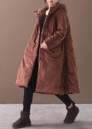 Elegant brown outwear trendy plus size warm winter coat Chinese Button hooded coats - SooLinen