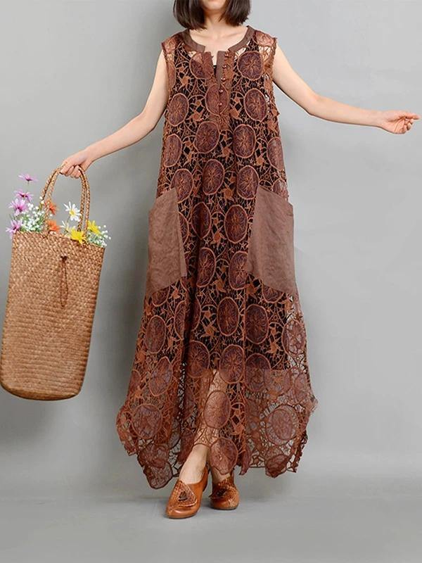 Elegant brown quilting dresses pockets asymmetric long summer Dresses - SooLinen