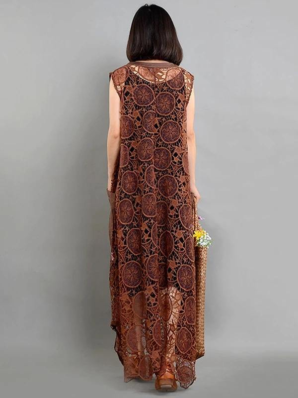 Elegant brown quilting dresses pockets asymmetric long summer Dresses - SooLinen