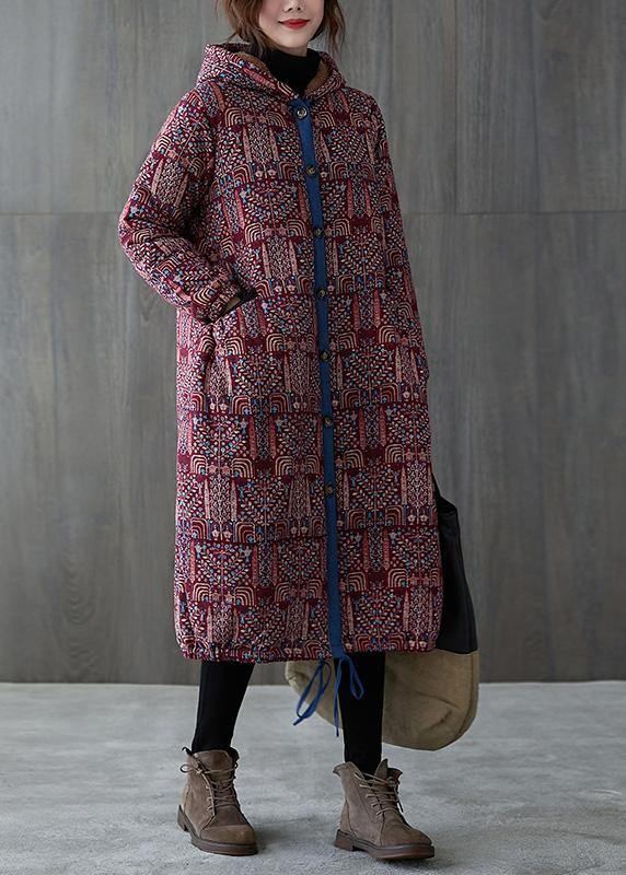 Elegant burgundy print overcoat plus size warm hooded drawstring winter coats - SooLinen