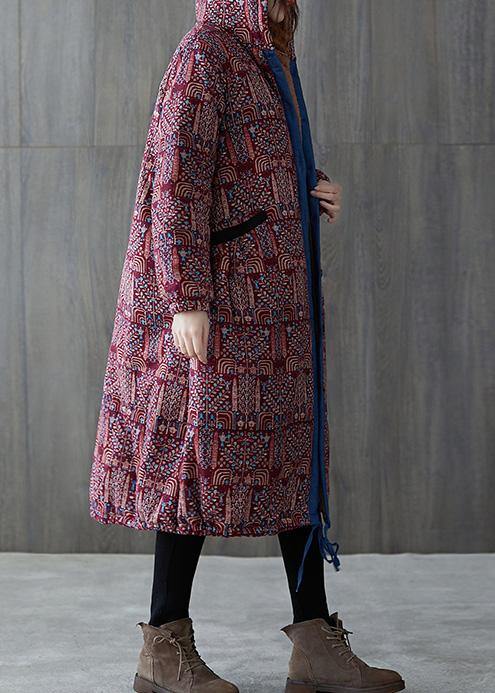 Elegant burgundy print overcoat plus size warm hooded drawstring winter coats - SooLinen
