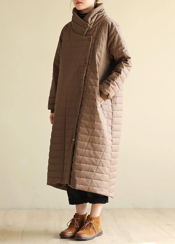 Elegant casual snow jackets high neck outwear dark khaki wild Parkas for women - SooLinen