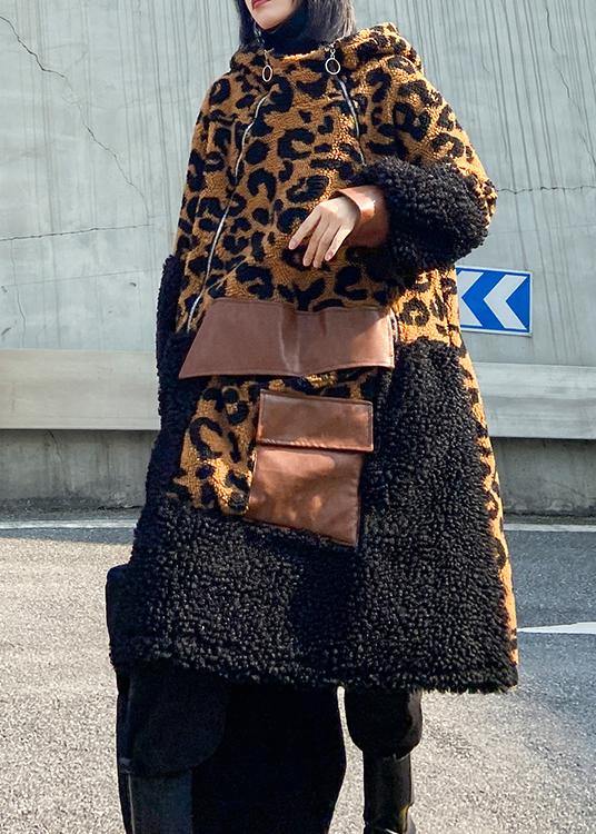 Elegant chocolate Leopard Woolen Coat Women winter coat hooded zippered coat - SooLinen