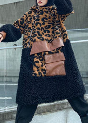 Elegant chocolate Leopard Woolen Coat Women winter coat hooded zippered coat - SooLinen