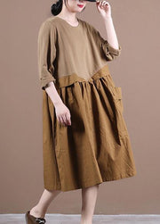 Elegant chocolate Robes o neck patchwork Kaftan spring Dresses - SooLinen