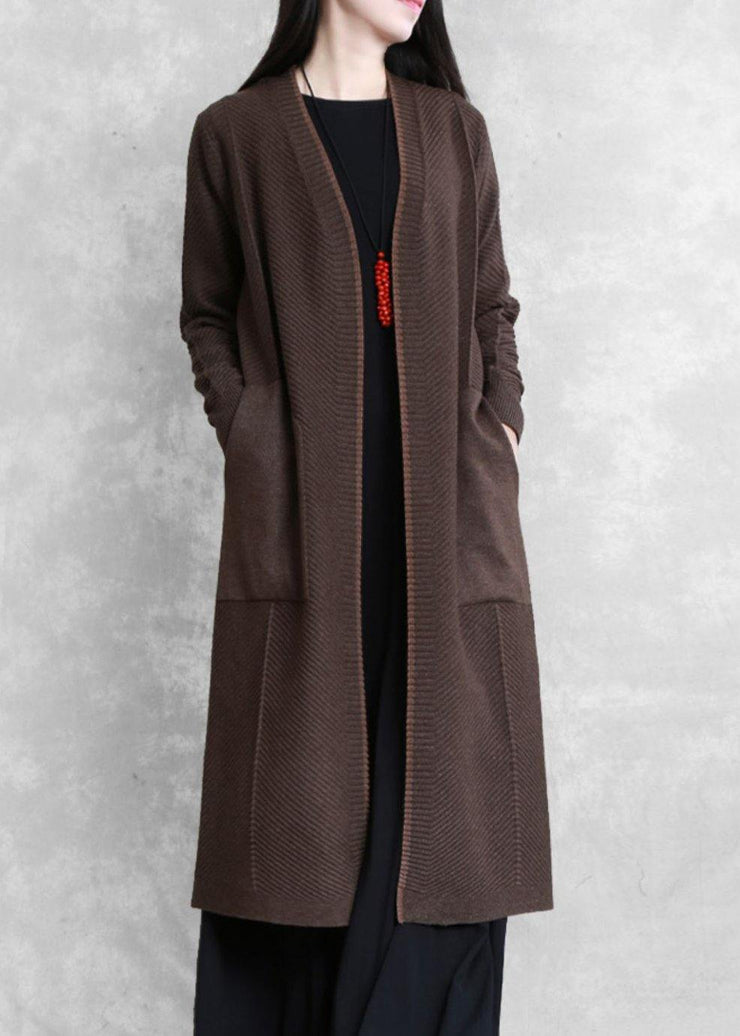 Elegant chocolate coat plus size long coat pockets - SooLinen
