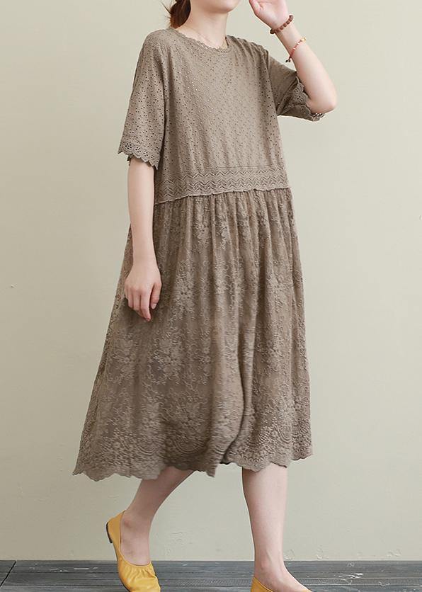 Elegant chocolate embroidery cotton Tunics patchwork hollow out Maxi Dress - SooLinen