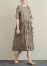 Elegant chocolate embroidery cotton Tunics patchwork hollow out Maxi Dress - SooLinen