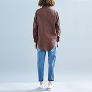 Elegant chocolate linen clothes For Women Organic Neckline long sleeve box patchwork striped top