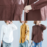 Elegant chocolate linen clothes For Women Organic Neckline long sleeve box patchwork striped top