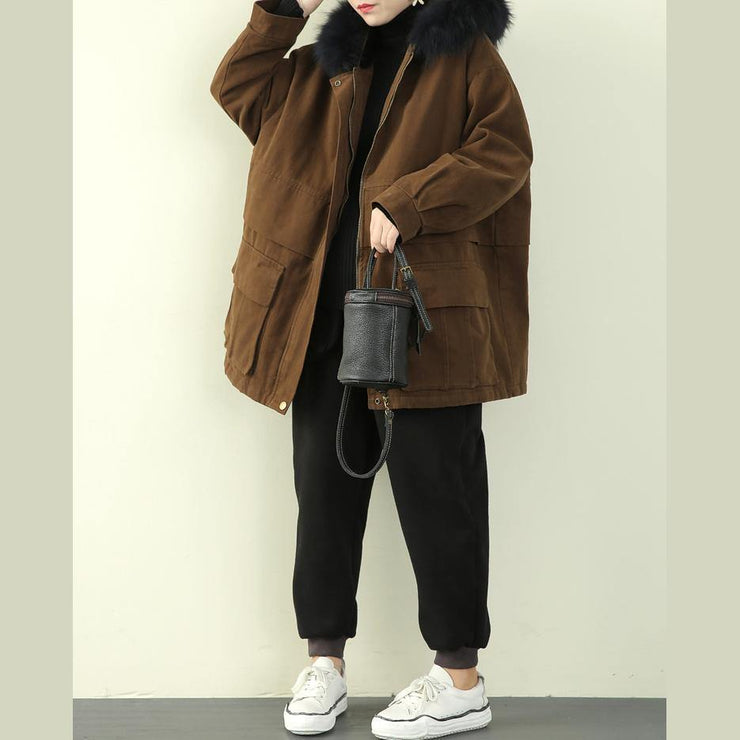 Elegant chocolate winter coats plus size clothing hooded faux fur collar outwear - SooLinen