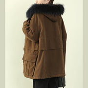 Elegant chocolate winter coats plus size clothing hooded faux fur collar outwear - SooLinen