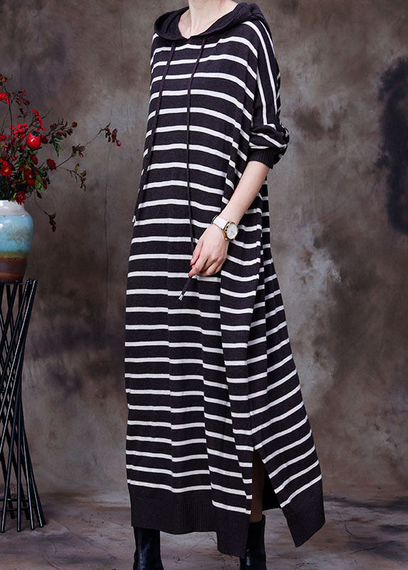 Elegant Chocolate drawstring Hooded Striped Knit Long Dresses Spring