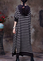 Elegant Chocolate drawstring Hooded Striped Knit Long Dresses Spring