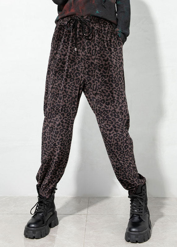 Elegant Chocolate drawstring Pockets Leopard Corduroy Pants Spring