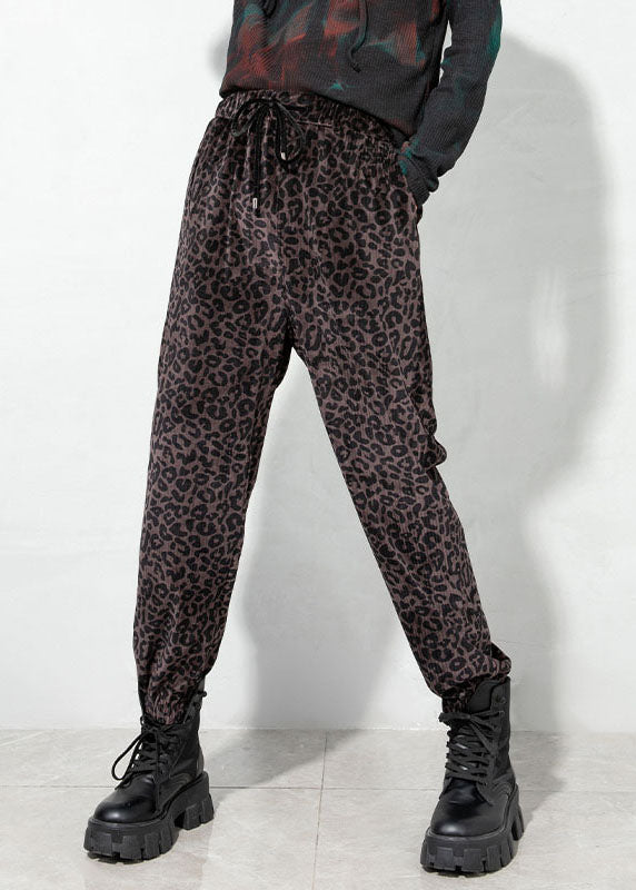 Elegant Chocolate drawstring Pockets Leopard Corduroy Pants Spring
