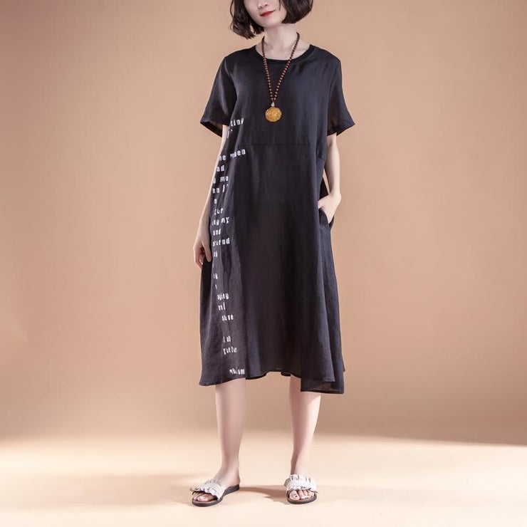 Elegant cotton dresses oversize Short Sleeve Pockets Summer Casual Black Dress