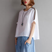 Elegant cotton linen blouse plus size clothing High-low Hem Summer Short Sleeve White Blouse