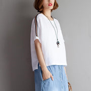 Elegant cotton linen blouse plus size clothing High-low Hem Summer Short Sleeve White Blouse