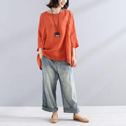 Elegante Baumwoll-Leinen-Bluse, trendig, in Übergröße, lockeres, lässiges, einfaches, gefaltetes orangefarbenes Damenhemd