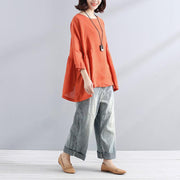 Elegante Baumwoll-Leinen-Bluse, trendig, in Übergröße, lockeres, lässiges, einfaches, gefaltetes orangefarbenes Damenhemd