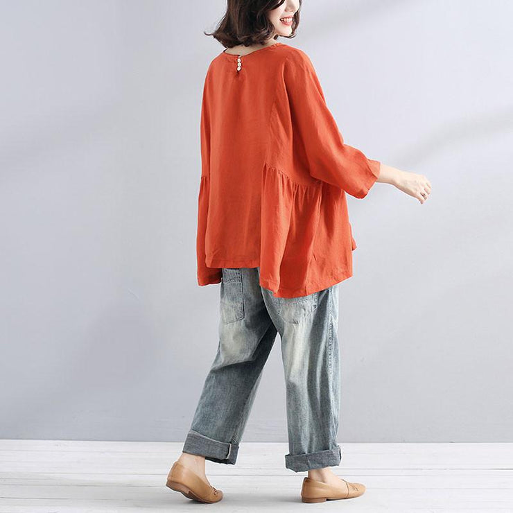 Elegant cotton linen blouse trendy plus size Loose Casual Simple Women Folded Orange Shirt