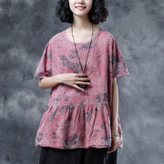 Elegant cotton linen blouses plus size Pleated Summer Short Sleeve Embroidery Pink Loose Blouse