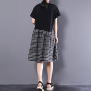Elegant cotton shift dresses oversized Short Sleeve Plaid Summer Round Neck Black Dress