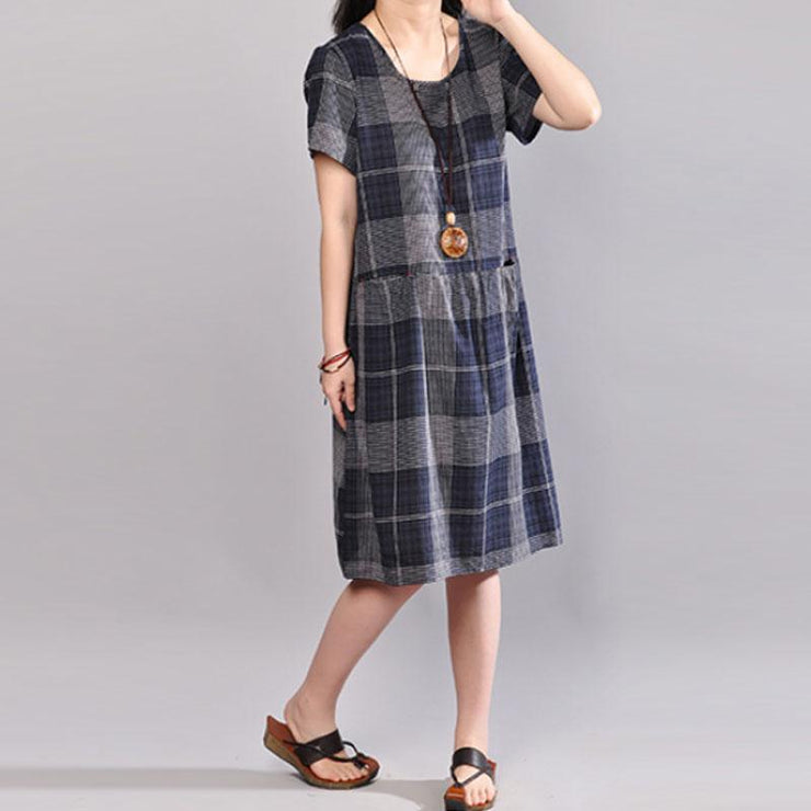 Elegant cotton shift dresses plus size clothing Short Sleeve Casual Plaid Summer Pullover Dress