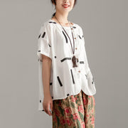 Elegant cotton shirts plus size Round Neck Short Sleeve Summer White High-low Hem Blouse