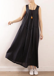 Elegant dark blue linen cotton Robes Fine Sewing Sleeveless drawstring Maxi Summer Dresses - SooLinen