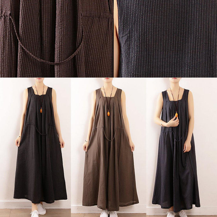 Elegant dark blue linen cotton Robes Fine Sewing Sleeveless drawstring Maxi Summer Dresses - SooLinen